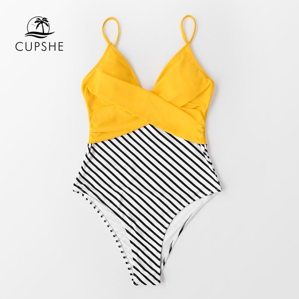 Yellow and Striped Twist V-neck One-Piece