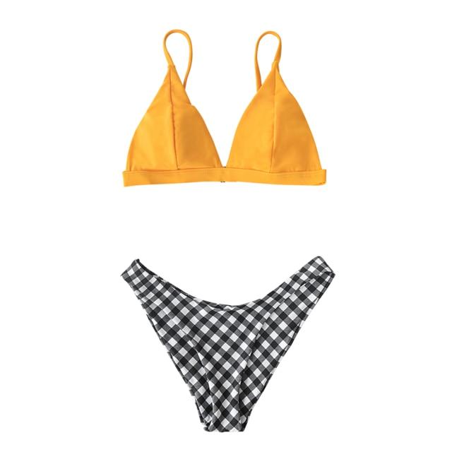 Yellow and Gingham Triangle Bikini Set