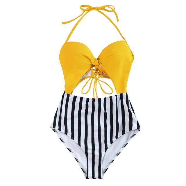 Yellow and Stripe Halter One-Piece