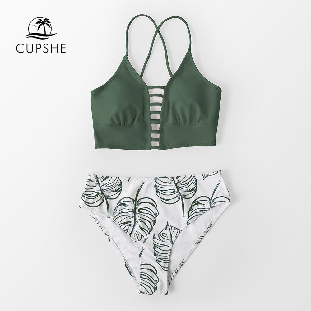 Green Leaf Print Bikini Set