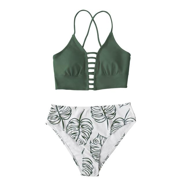 Green Leaf Print Bikini Set