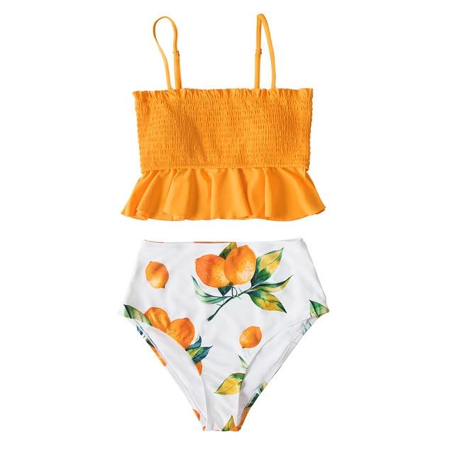 Smocked Blue Leaves Print Bikini Set