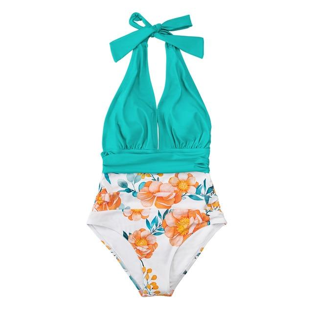 Navy Floral Deep V-neck Halter One-Piece