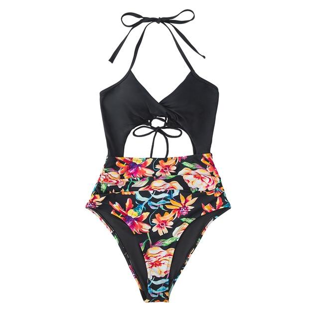 Sexy Black Floral Print Halter One-Piece