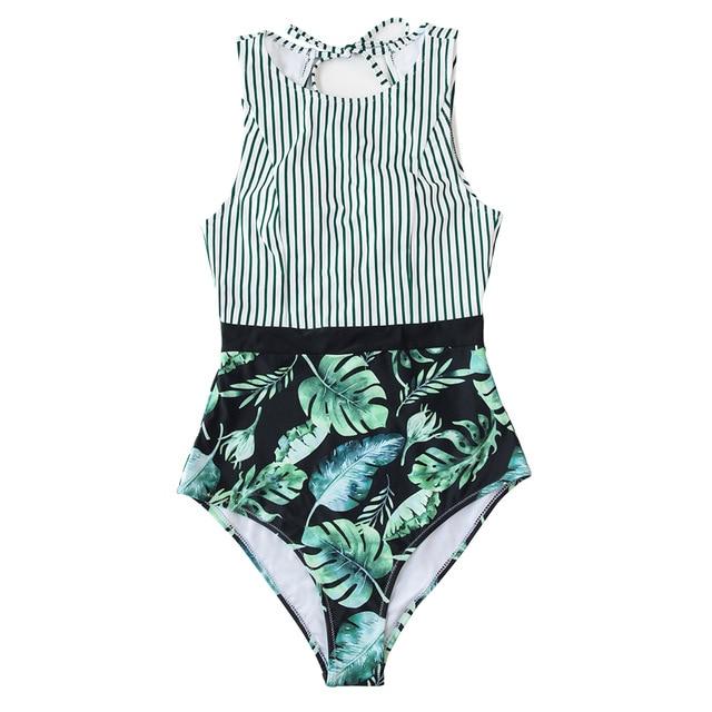 Stripe and Leaf Print Lace Up One-Piece
