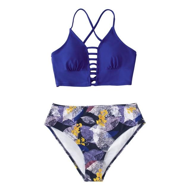 Purple and Leaf Print Mid-waist Bikini
