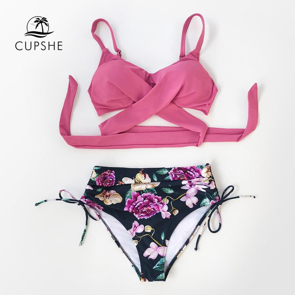 Pink And Floral Print High Waist Bikini Set